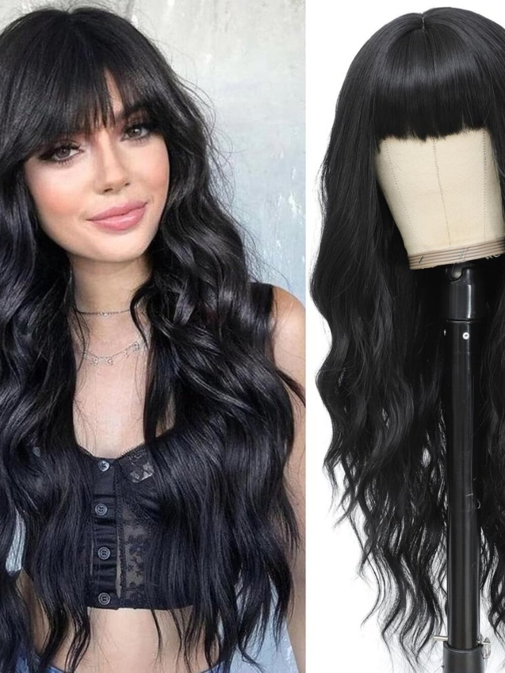Black Wig with Bangs for Women Long Black Wavy Wigs 26 Inch Natural Black Wigs